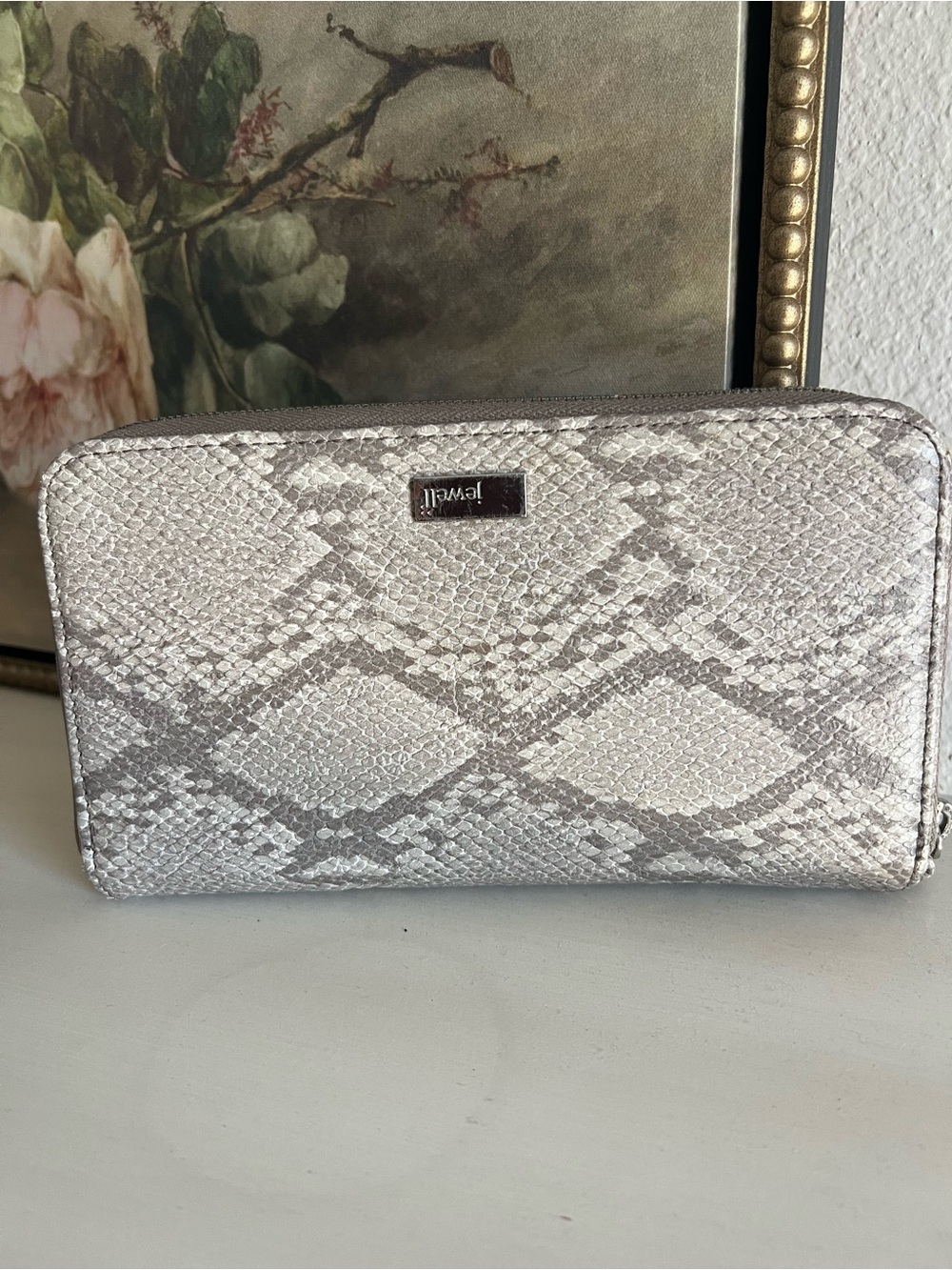 Metallic Snake-Print Zip Wallet - Silver